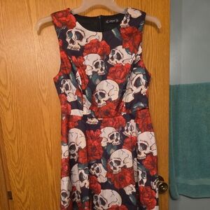 Enmain Sleeveless Skull Rose Dress Mediu Gothic rockabilly Retro Pinup Halloween